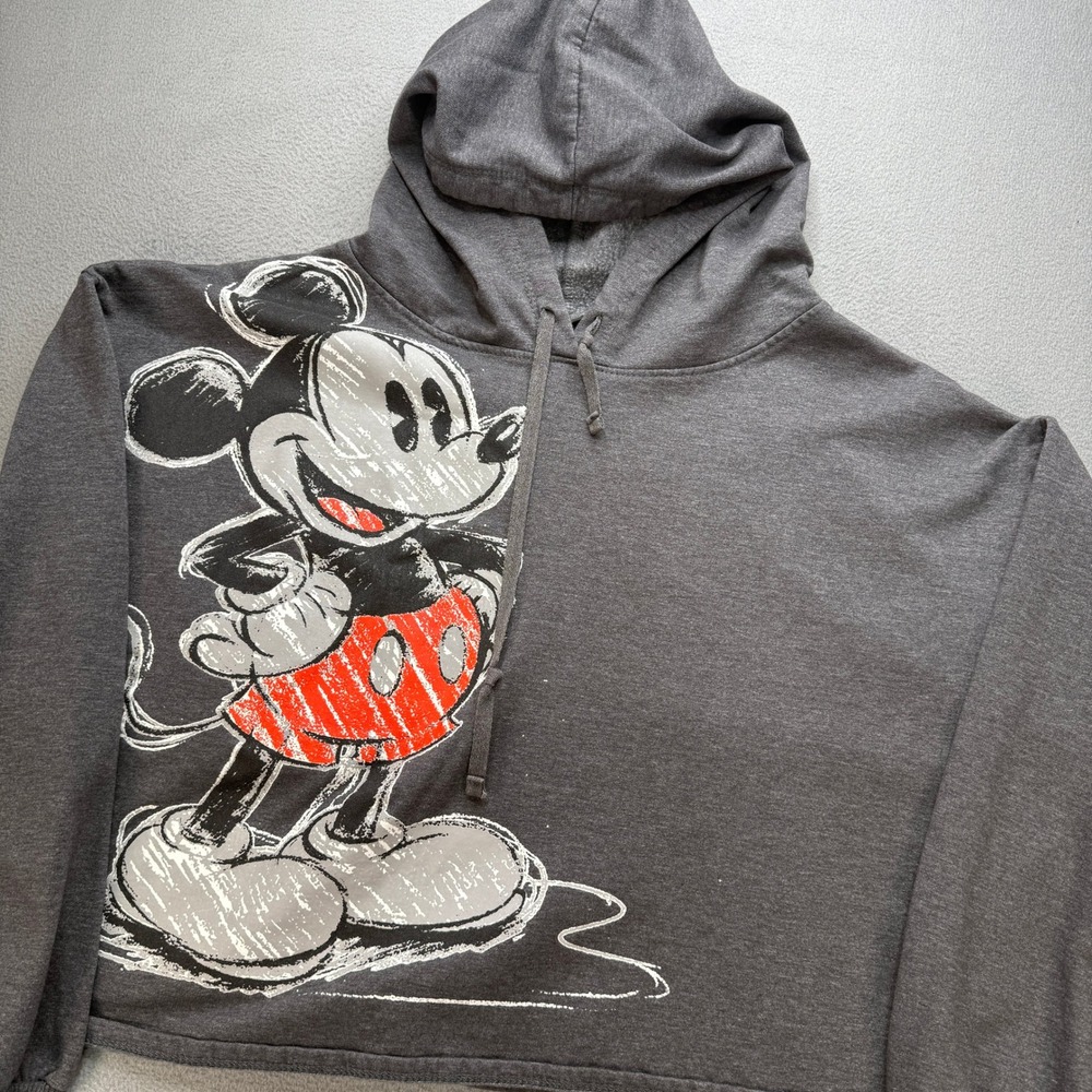 Disney Mickey Mouse Hoodie Womens 1X Gray Cotton Blend Cropped Graphic Disneyana